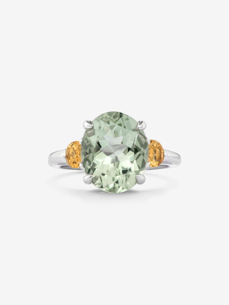925 silver triple ring with oval-cut green amethyst of 4.55 cts and 2 brilliant-cut citrine quartz with a total of 0.46 cts image number 2