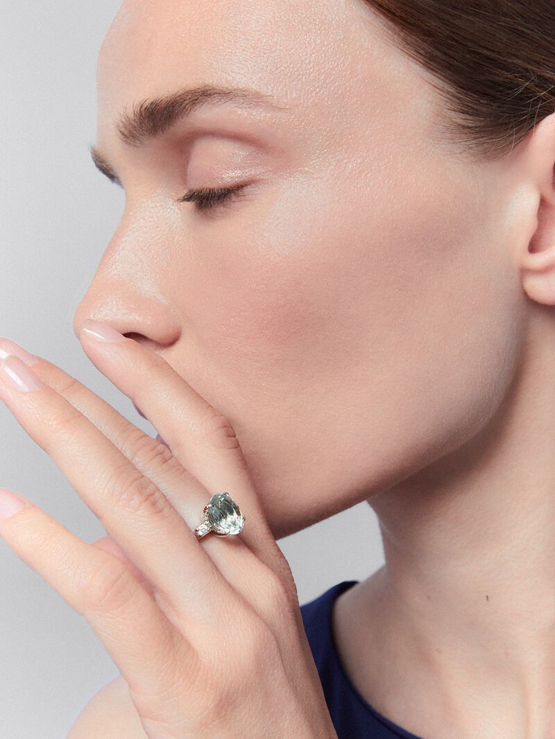 928 Silver trio ring with green amethyst and diamonds image number 3
