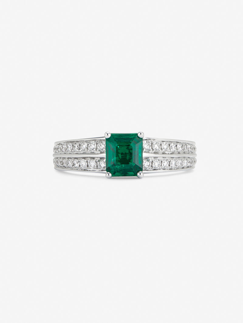 18K white gold ring with octagonal cut emerald of 0.62 cts and 52 brilliant cut diamonds with a total of 0.19 cts image number 2