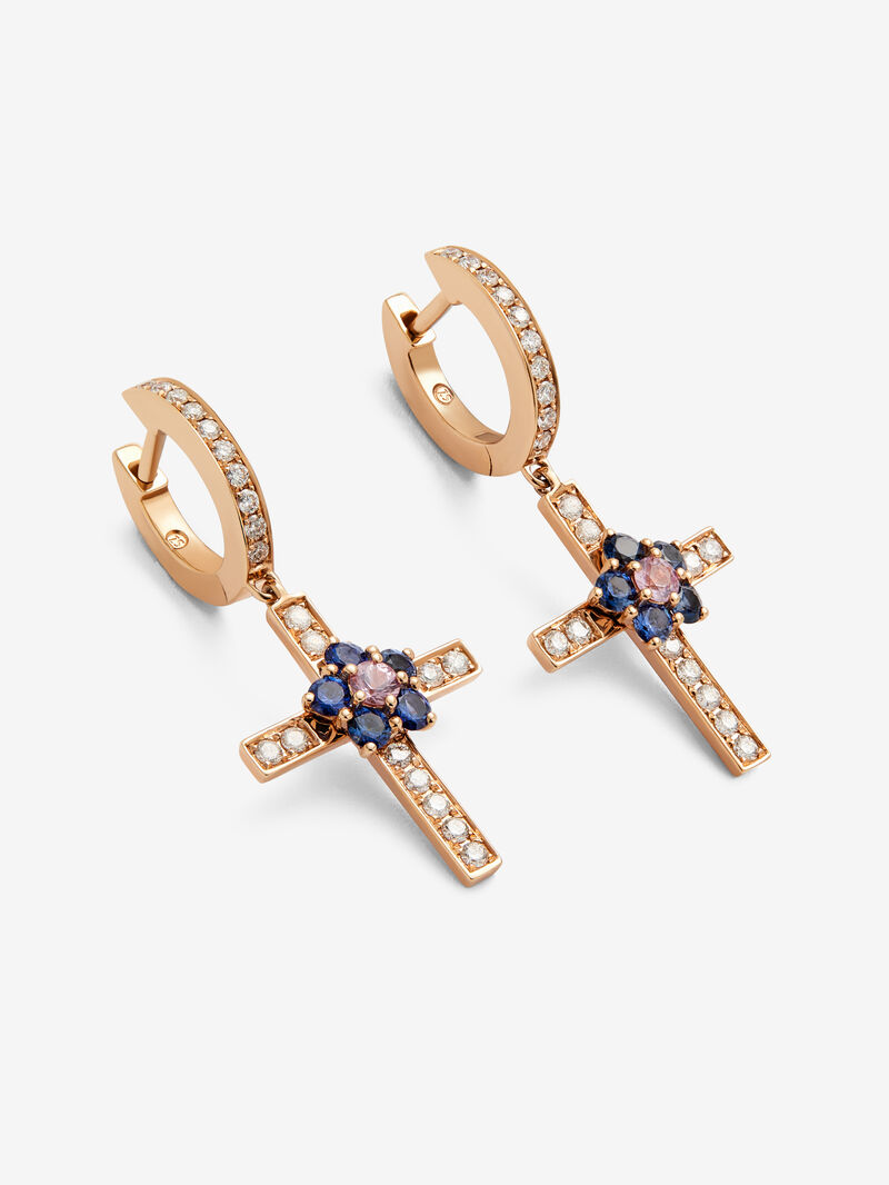 18kt rose gold hoop earrings with diamond cross and flower with sapphires. image number 2