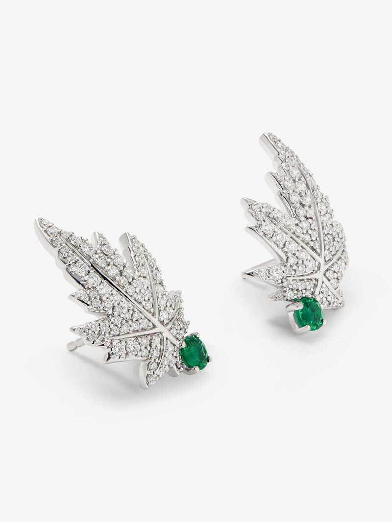 18K white gold earrings with two central emeralds totaling 0.28 cts, diamond pavé, and a maple leaf design image number 2