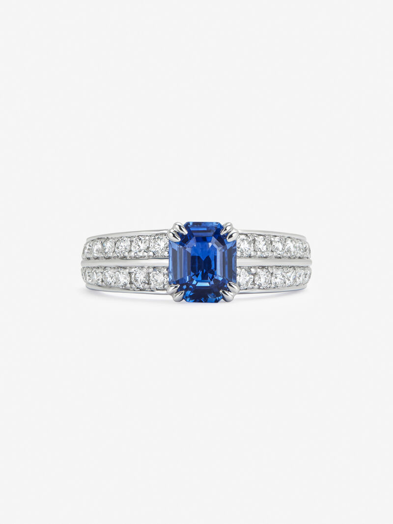 18K white gold ring with cornflower blue sapphire in octagonal cut of 1.477 cts and 36 brilliant-cut diamonds with a total of 0.59 cts image number 1