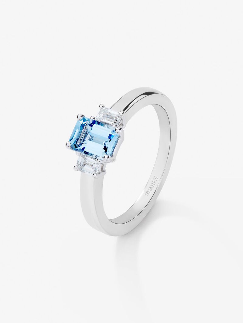 18K white gold triple ring with octagonal cut aquamarine of 0.8 cts and 2 octagonal cut diamonds with a total of 0.3 cts image number 0