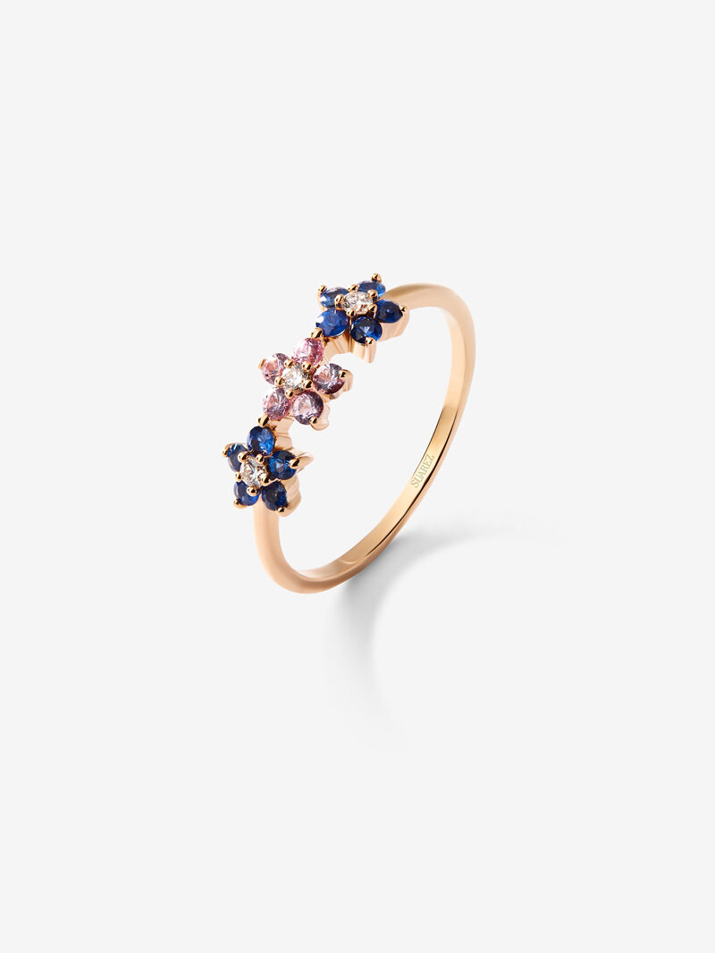 18kt rose gold flowers ring with diamond and sapphires image number 0