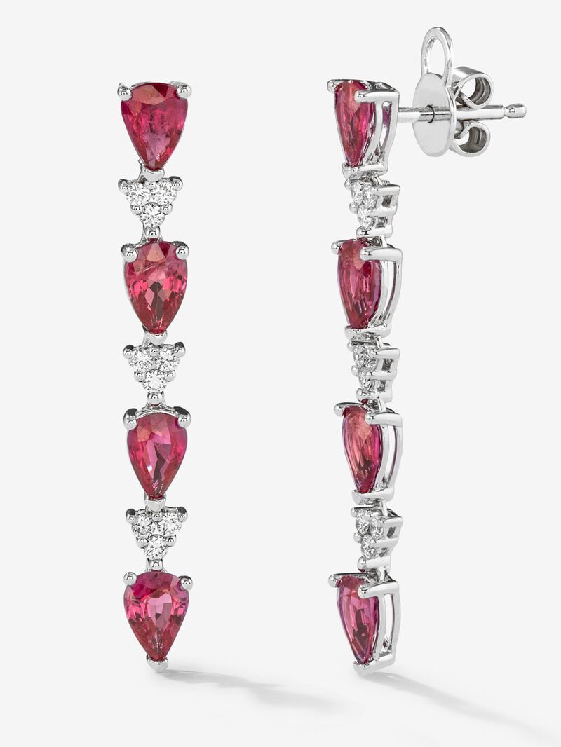 18k white gold earrings with red ruby ​​with pear size of 3.68 cts and white diamonds in 0.26 cts bright size image number 0