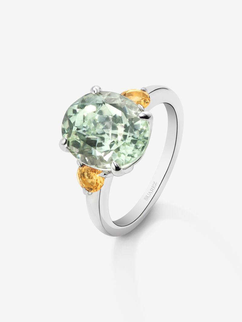 925 silver triple ring with oval-cut green amethyst of 4.55 cts and 2 brilliant-cut citrine quartz with a total of 0.46 cts image number 0