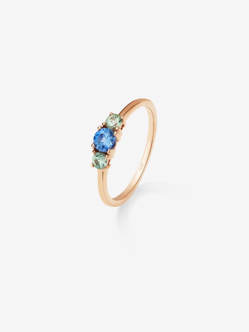 18K rose gold triple ring with blue sapphire and 2 green sapphires in brilliant cut with a total of 0.55 cts image number 0