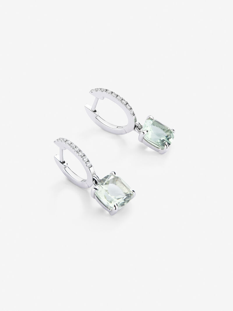 18K white gold hoop earrings with green amethyst and diamond pendant image number 2