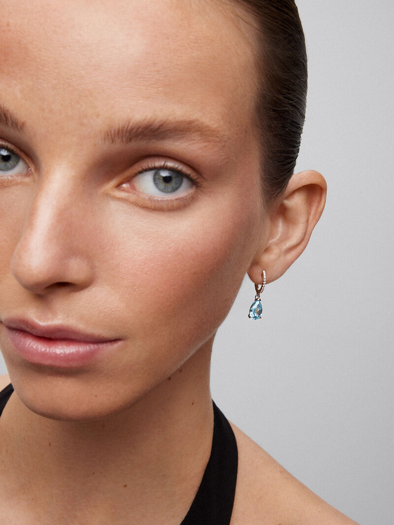 18K White Gold Hoop Earrings with Topaz and Diamond Pendant image number 1