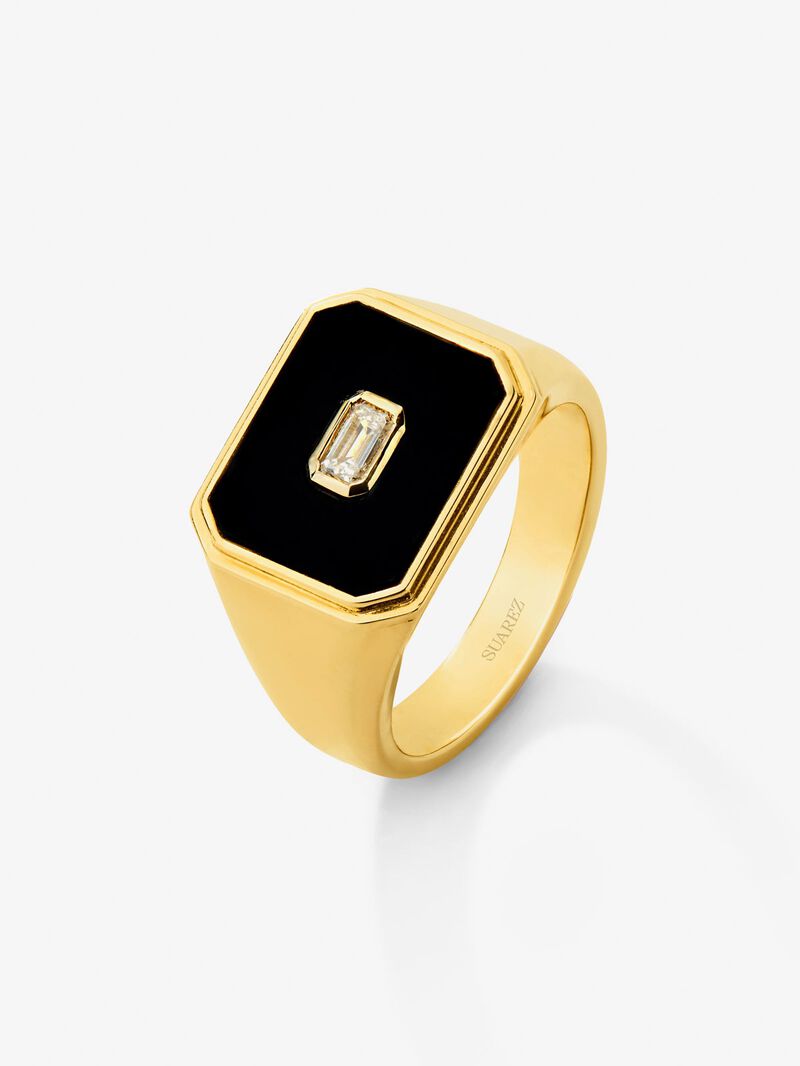 18K Yellow Gold Large Signet Ring with Black Onyx and 0.17 cts Diamond image number 0