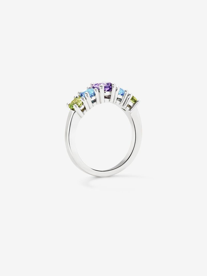 925 silver cinquillo ring with 2 peridots, a purple amethyst, and brilliant-cut Swiss blue topazes image number 4