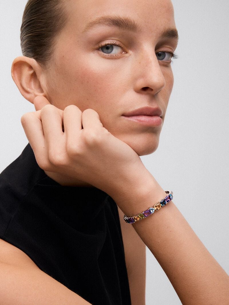 925 silver rigid bracelet with multicolored gems image number 0