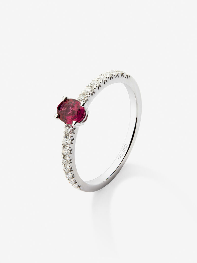 18K White Gold Ring with Red Ruby in 0.55 cts oval size and white 0.1 cts bright diamonds image number 0