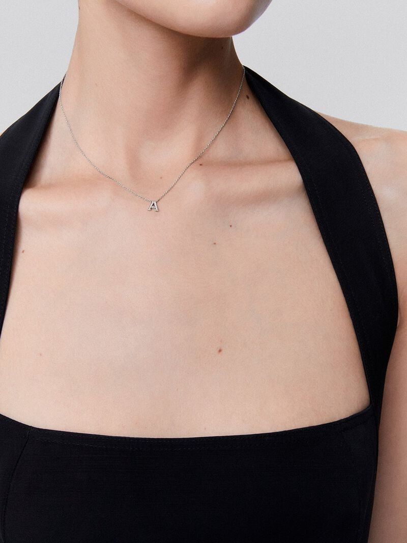 Pendant necklace with small initial in 18K white gold and diamonds. image number 5
