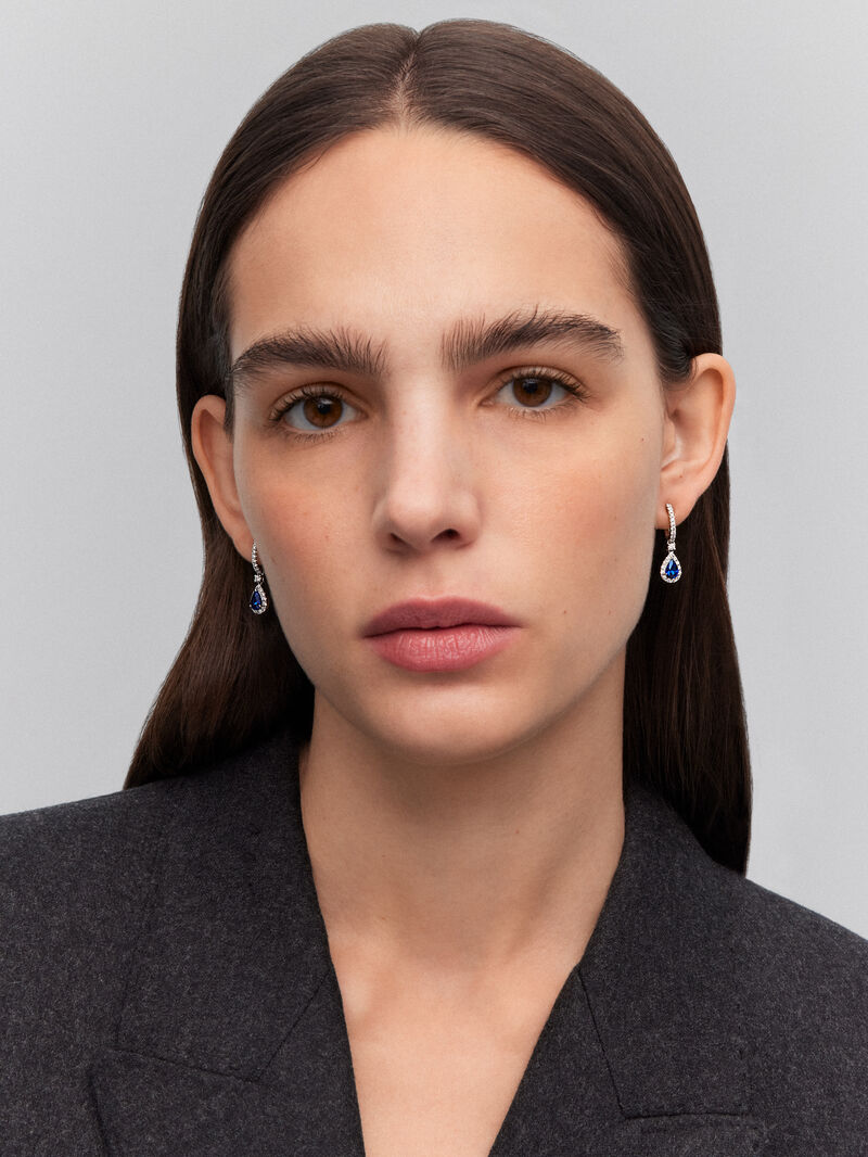 18K white gold earrings with 2 pear-cut blue sapphires with a total of 0.47 cts and 54 brilliant-cut diamonds with a total of 0.27 cts image number 1