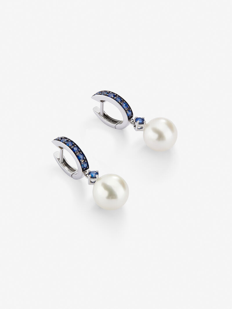925 Silver hoop earring combined with 8.5 mm Australian pearl and sapphire. image number 2