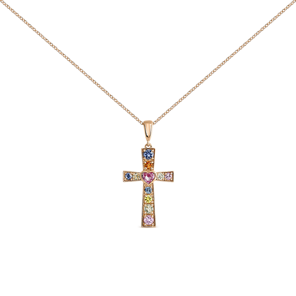 Colgante cruz de oro rosa con zafiros multicolor 1,23 quilates, PT19041-ORZMULT_V