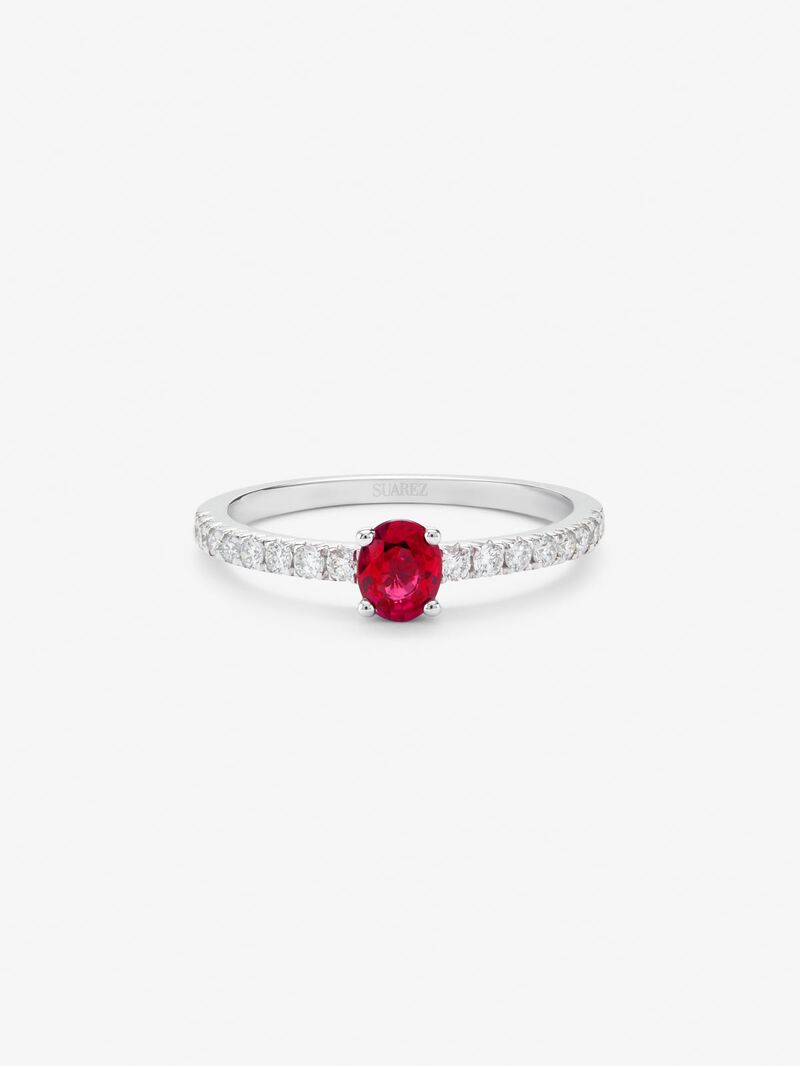 18K White Gold Ring with Red Ruby in 0.55 cts oval size and white 0.1 cts bright diamonds image number 2
