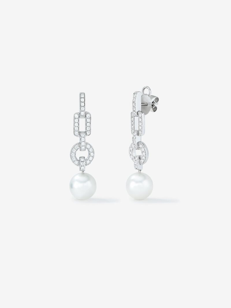 18K white gold earrings with 2 10mm pearls and 64 brilliant-cut diamonds with a total of 0.61 cts image number 0