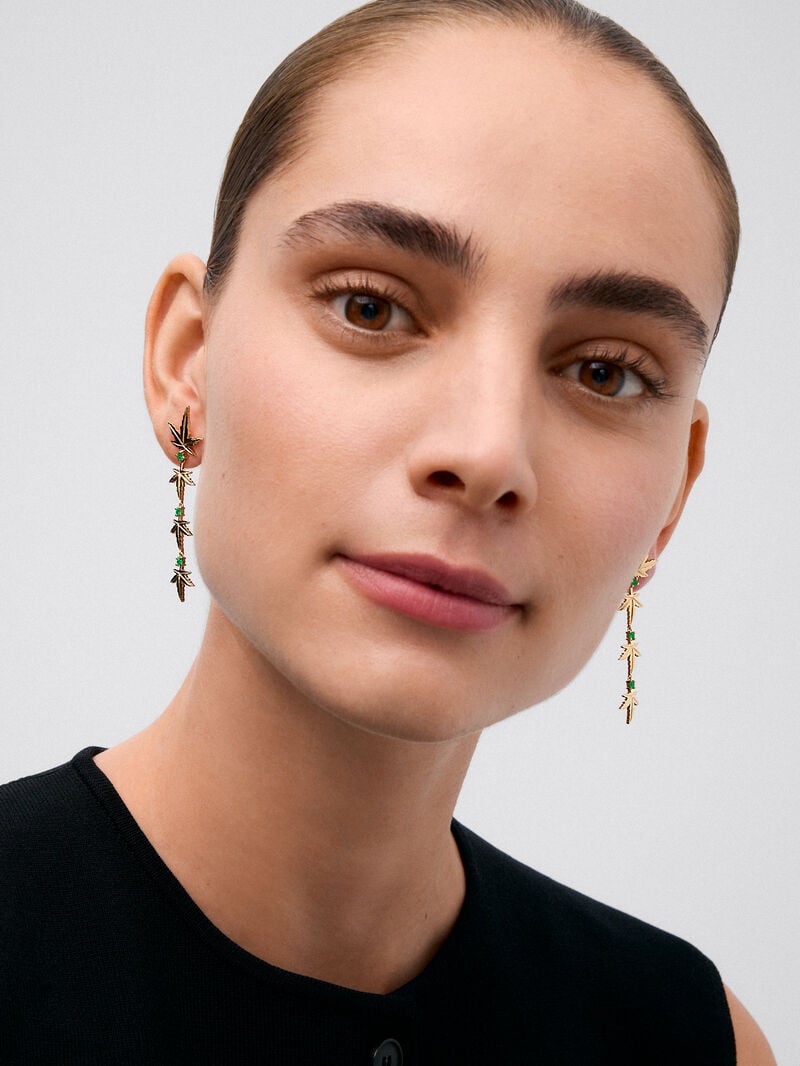 18K Yellow Gold Earrings with six brilliant-cut emeralds totaling 0.37 cts and a maple leaf shape image number 1