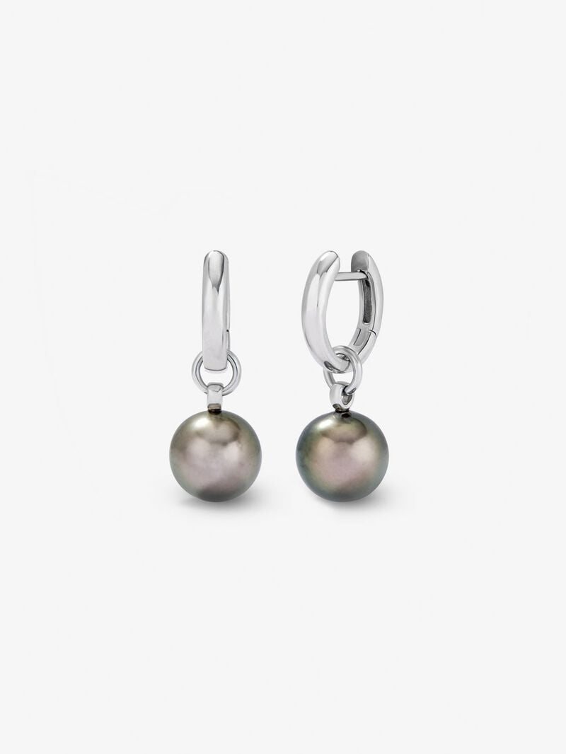 925 Silver hoop earring with 9 mm Tahitian pearl pendant. image number 0