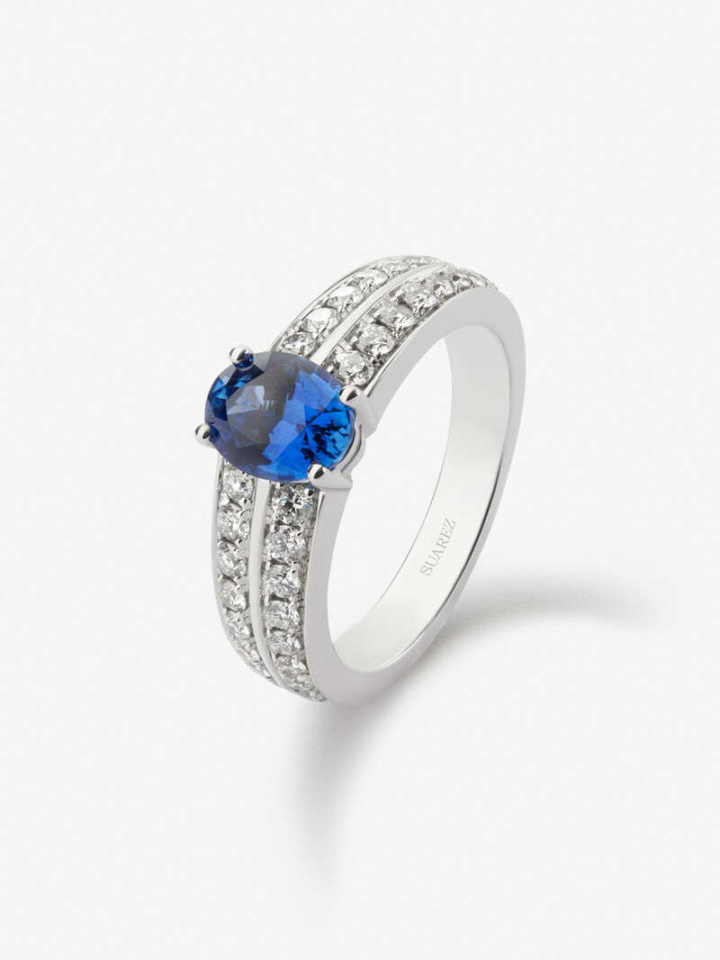 18K white gold ring with vivid blue sapphire in oval cut of 1,292 cts and 32 brilliant cut diamonds with a total of 0.6 cts image number 0
