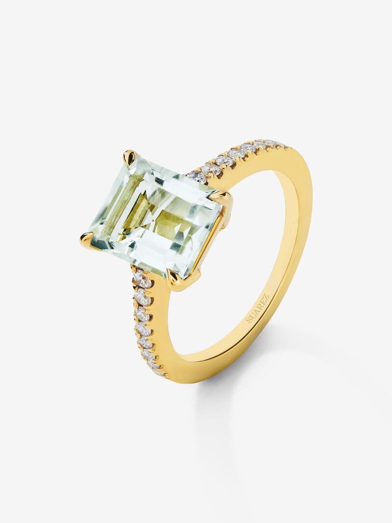 18K yellow gold solitaire ring with octagonal-cut green amethyst of 2.96 cts and 18 brilliant-cut diamonds with a total of 0.19 cts image number 0
