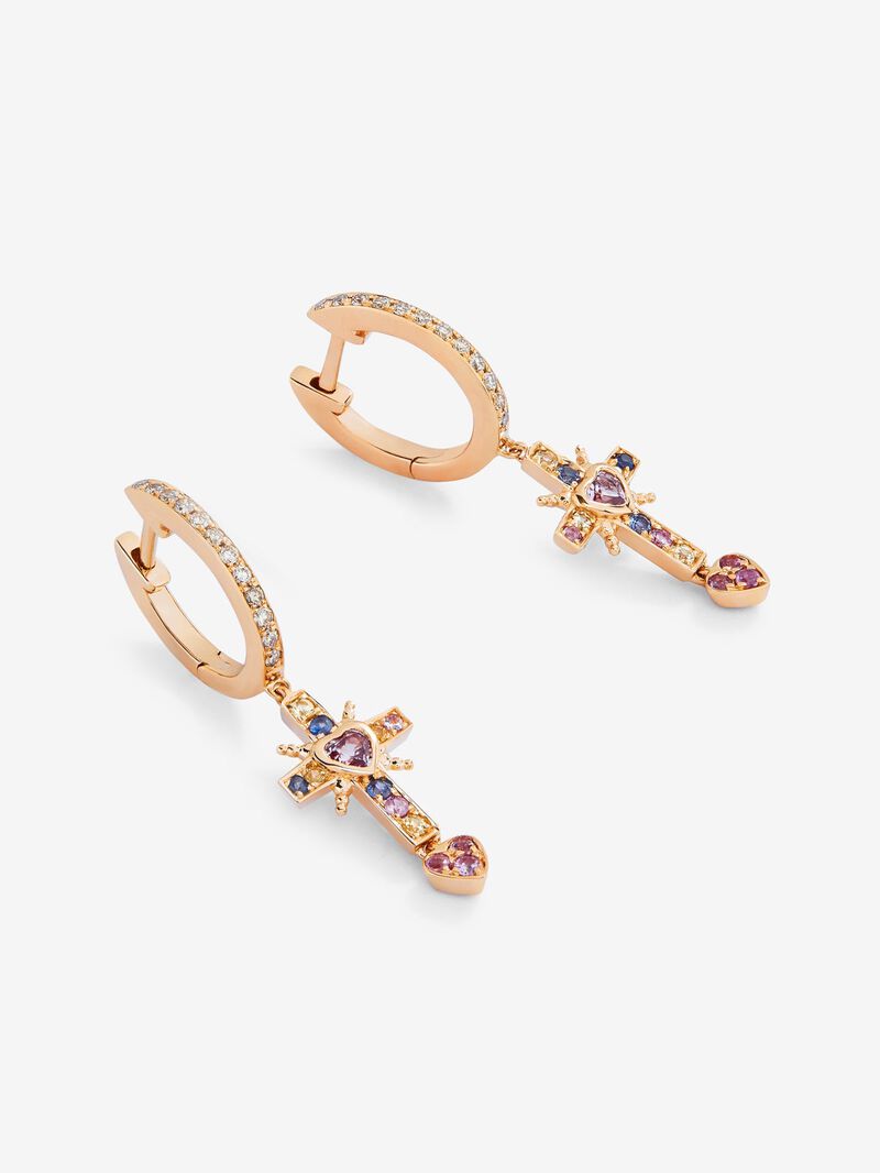 18K Rose Gold Hoop Earrings with Sapphire and Diamond Pendant image number 2