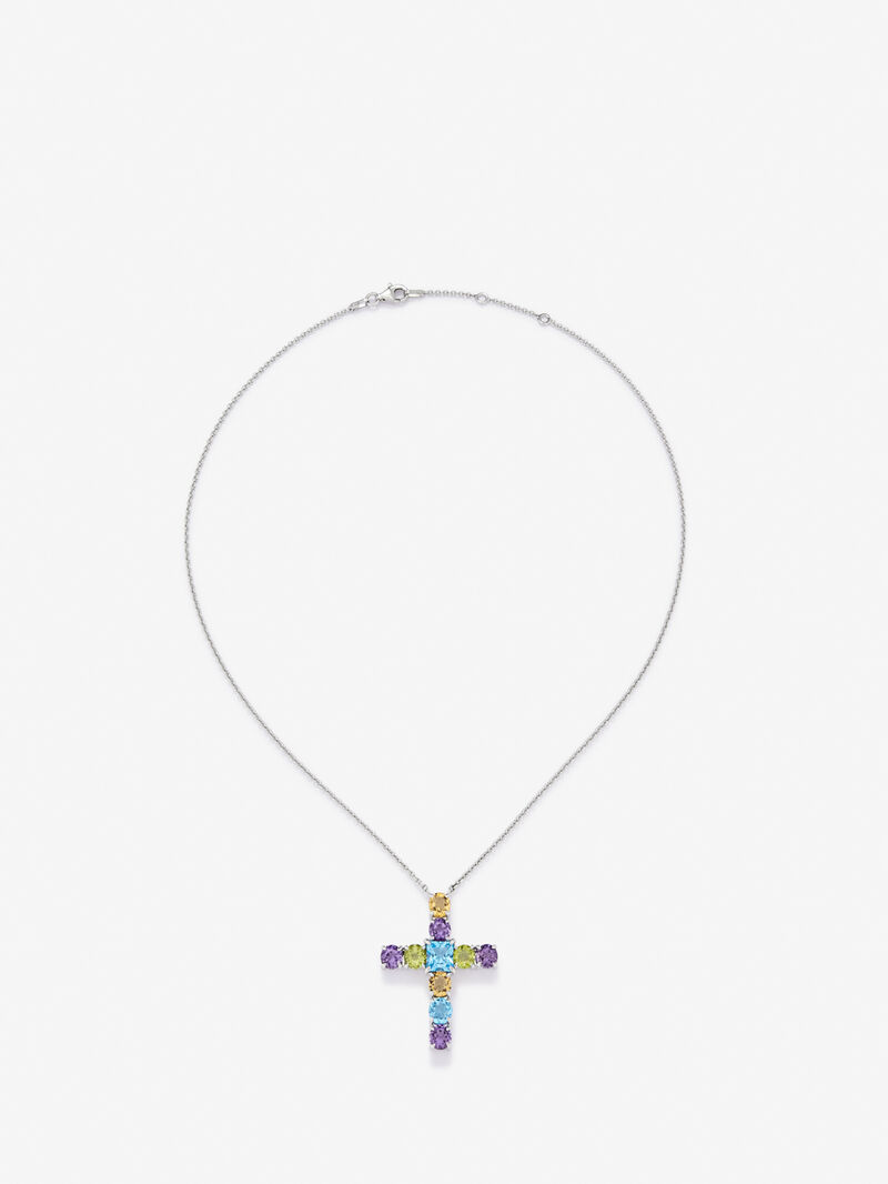 Pendant chain with 925 silver cross adorned with multicolored gems image number 0