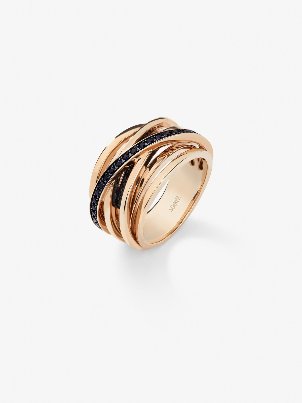 Anillo ancho multibrazo de oro rosa de 18K con espinelas Suarez