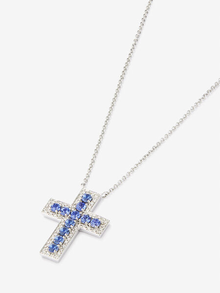 Colgante cruz de oro blanco de 18kt con diamantes y zafiros azules, PT22039-OBDZ_V