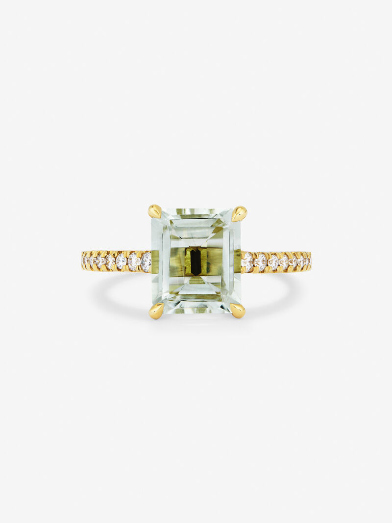 18K yellow gold solitaire ring with octagonal-cut green amethyst of 2.96 cts and 18 brilliant-cut diamonds with a total of 0.19 cts image number 2