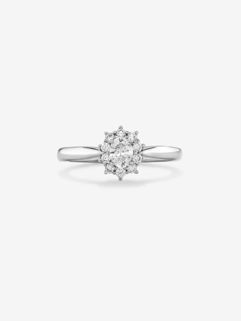 18K white gold ring with a central oval-cut white diamond of 0.3 cts and a border of 10 brilliant-cut diamonds with a total of 0.18 cts image number 2