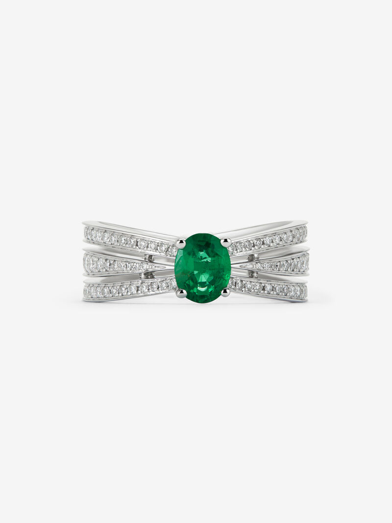 18K white gold multi-arm ring with oval-cut emerald ​​of 0.63 cts and brilliant-cut diamonds with a total of 0.43 cts image number 2