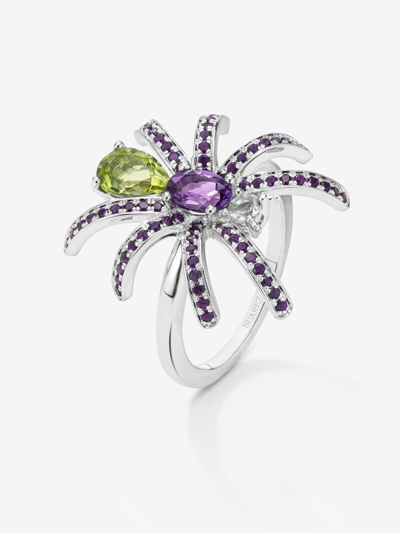 Silver spider ring with peridotos and amethyst image number 0