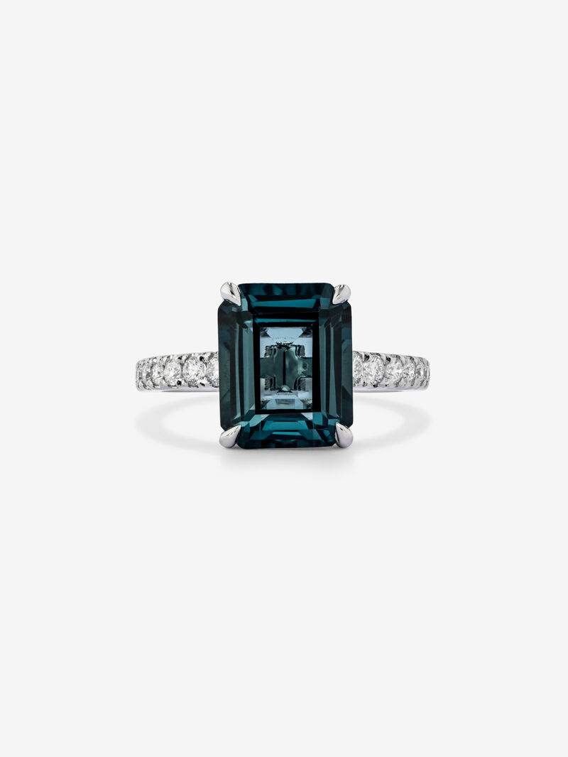 18K White Gold Ring with London Blue Topacio in Emerald Size 4.25 cts and white diamonds in a bright 0.32 cts image number 2