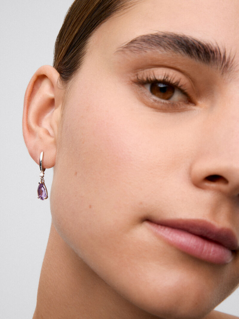 925 Silver hoop earrings with amethyst and hanging diamond. image number 3