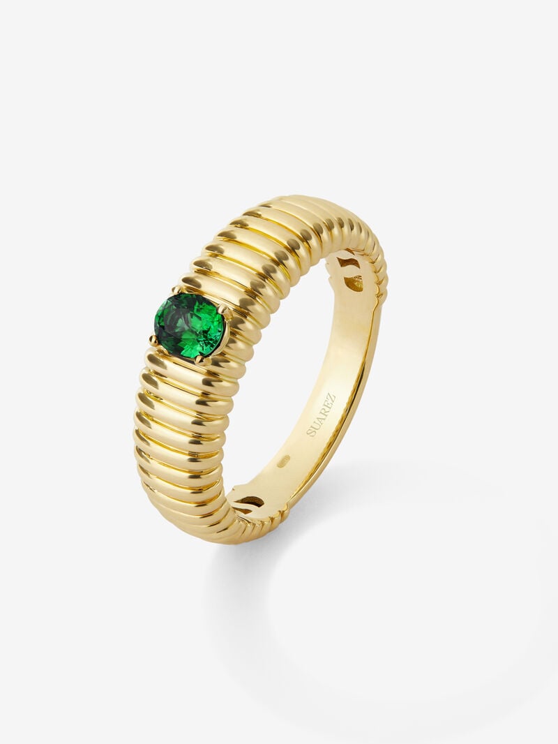 18K Yellow Gold Fluted Ring with Oval Cut Green Emerald image number 0