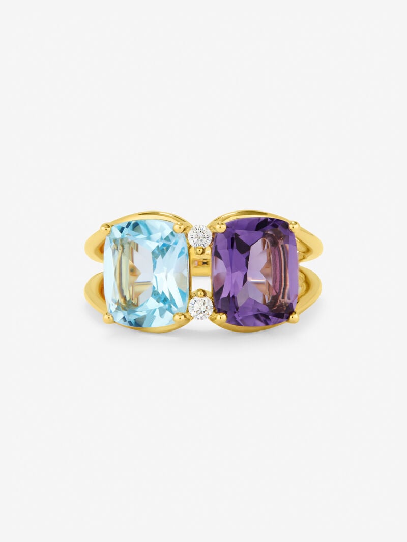 18kt yellow gold ring with diamonds, Sky and amethyst topacios image number 2