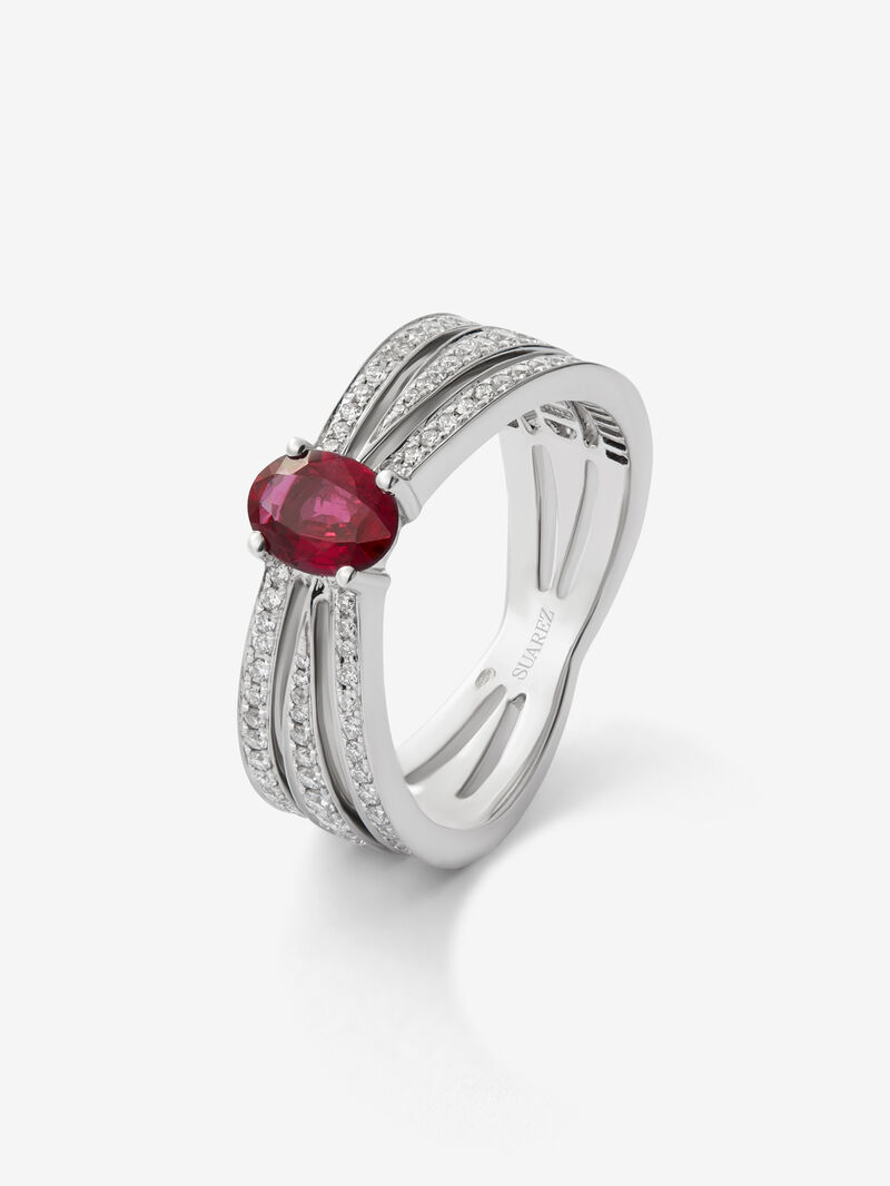 18K white gold multi-arm ring with oval-cut red ruby ​​of 0.65 cts and brilliant-cut diamonds with a total of 0.45 cts image number 0
