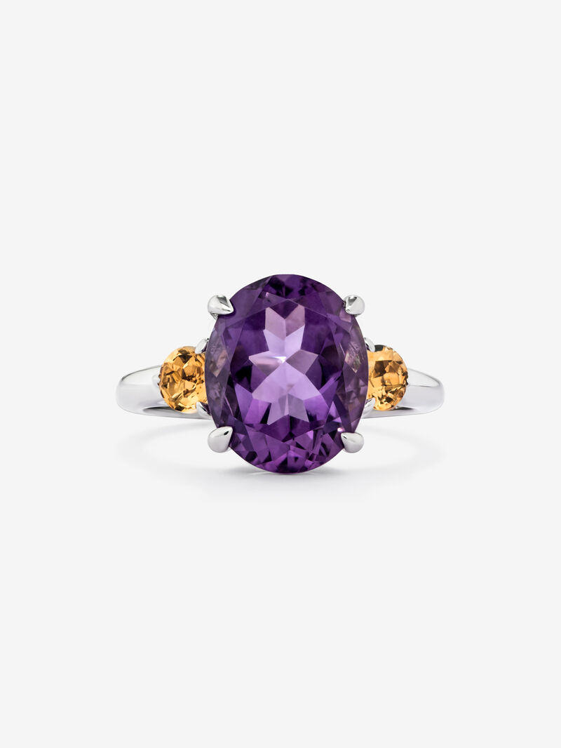 925 silver triple ring with oval-cut purple amethyst and 2 brilliant-cut citrine quartz image number 2