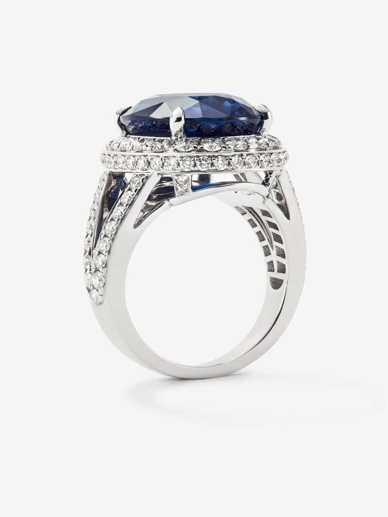 18K white gold ring with oval-cut royal blue sapphire of 12.64 cts and border and arm of 93 diamonds with a total of 1.74 cts image number 3