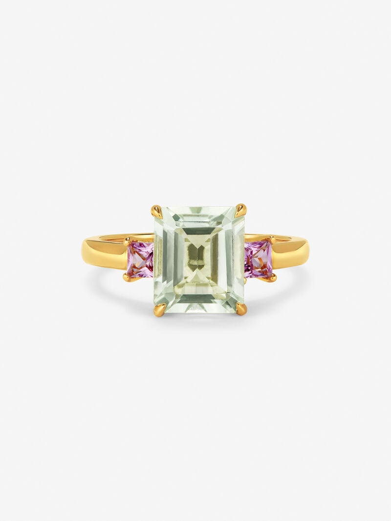 18K yellow gold triple ring with emerald-cut green amethyst of 2.53 cts and 2 princess-cut pink sapphires with a total of 0.41 cts image number 2
