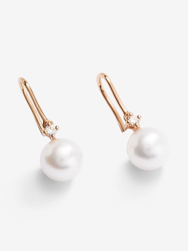 18k rose gold hanging earring with 8mm akoya pearl and diamond. image number 2