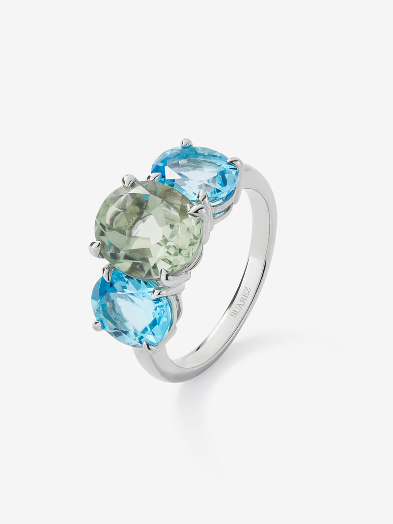 925 silver triple ring with oval-cut green amethyst of 2.6 cts and 2 Swiss blue topazes with a total of 3.46 cts image number 0