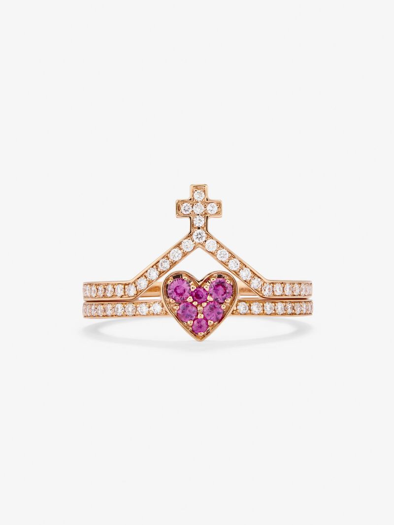 18Kt rose gold ring with diamonds and pink sapphires image number 2