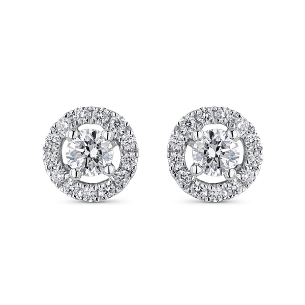 Pendientes de botón de oro blanco de 18kt con diamante de 0,10 quilates y orla de diamantes, PE7031-00D010