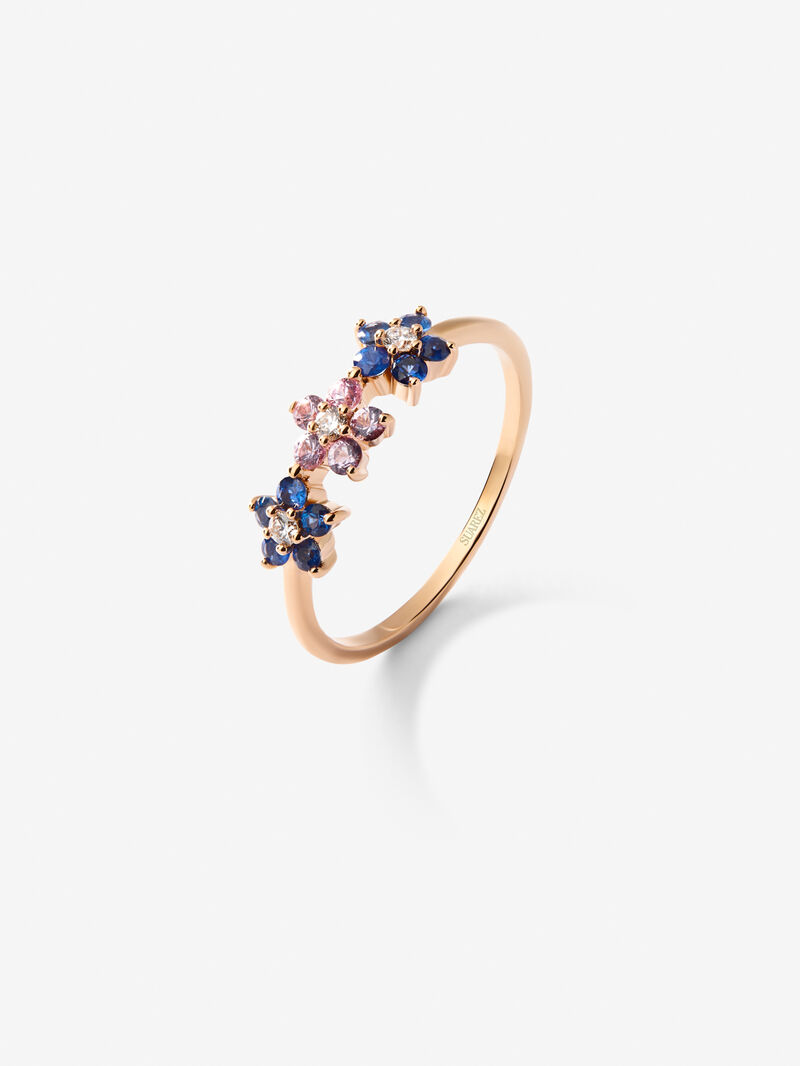 18kt rose gold flowers ring with diamond and sapphires image number 1
