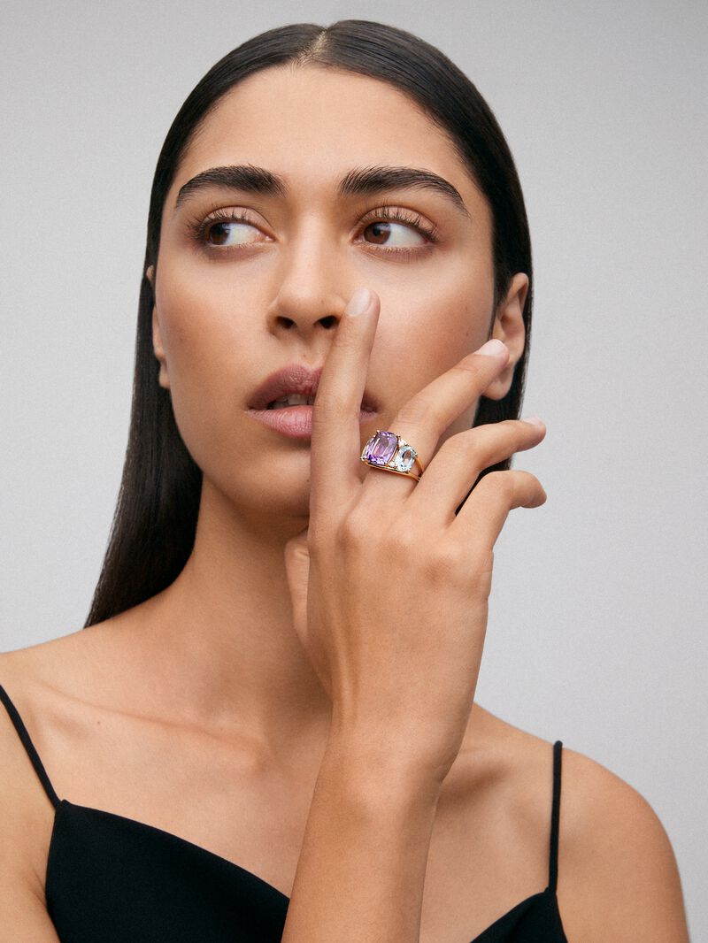 18K yellow gold ring with purple ameter in 5.5 cts Cushion size, Sky blue sky tapacios in 4.65 cts and white diamonds in a brilliant size of 0.15 cts image number 1