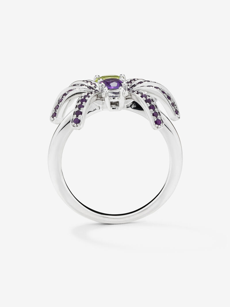 Silver spider ring with peridotos and amethyst image number 2